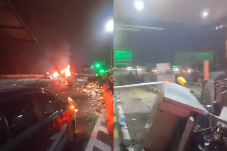 Salah satu unit mobil kecelakaan di gerbang Tol Ciawi dilalap api (kiri). Bangunan gate tol berantakan akibat diseruduk mobil (5/2/2025). (Instagram.com/@infojawabarat - INDEPENDENMEDIA.ID)
