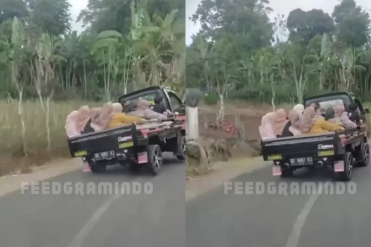 Tangkapan layar momen mobil bak terbuka yang membawa rombongan ibu-ibu terguling.  (Instagram/feedgramindo)