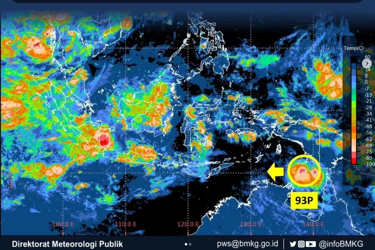 BMKG keluarkan peringatan dini! Bibit Siklon Tropis 93P terdeteksi dekat Papua Selatan, siap picu hujan deras, angin kencang, dan gelombang tinggi. (Foto/BMKG)