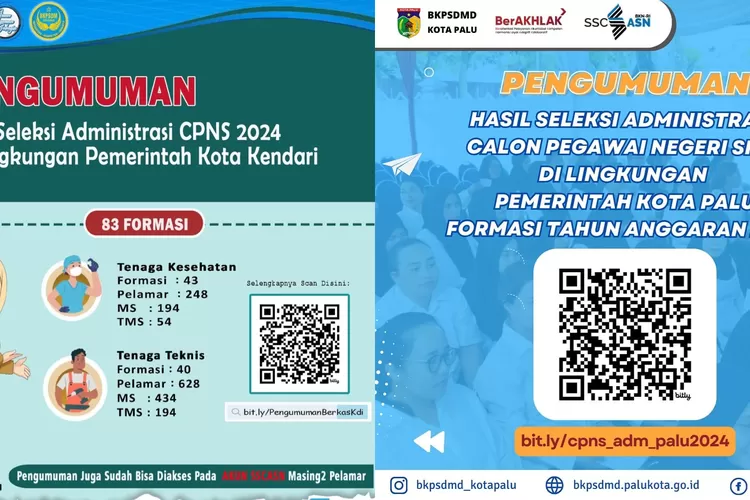 Rekap Daftar Instansi Yang Sudah Umumkan Hasil Seleksi Administrasi CPNS 2024 (instagram.com/@bkpsdmd_kotapalu/@bkpsdmkendari)