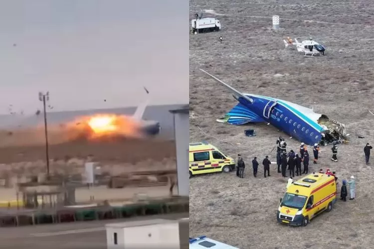 Kolase foto Detik-detik Pesawat Azerbaijan Airlines Jatuh di Kazakhstan, 28 Penumpang Selamat (X.com / @fl360aero dan FB )