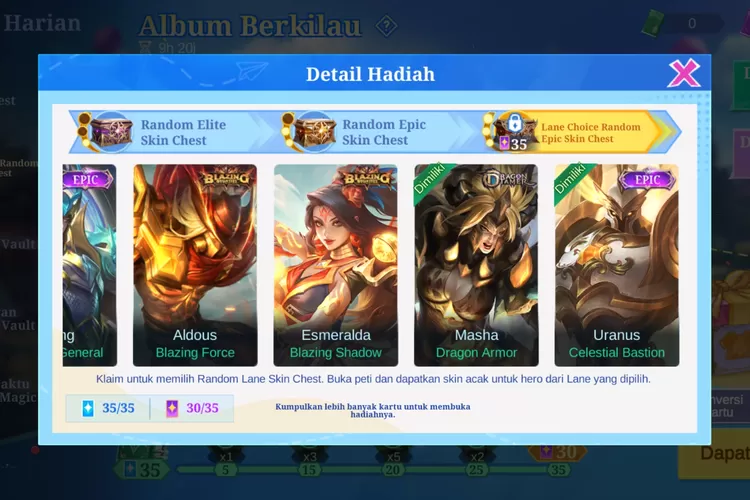 Ilustrasi -- Apakah Skin Blazing Bounties Hadiah Event Album Berkilau Bisa Ditukar dengan Skin Epic 899 Diamond Lainnya? (Moonton/Mobile Legends)