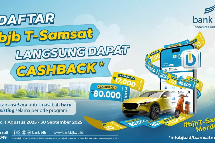 Bayar pajak kendaraan makin praktis dengan bjb T-Samsat Merdeka 2025, nikmati kemudahan sekaligus cashback dari bank bjb.