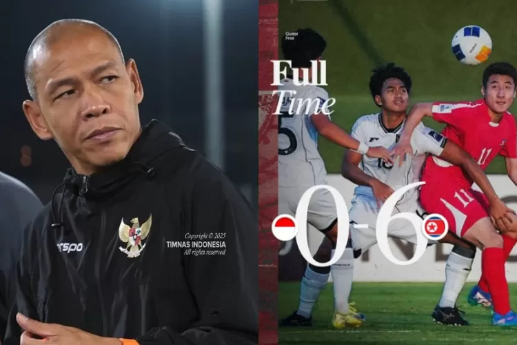 Pelatih Timnas Indonesia U-17, Nova Arianto (kiri) dan hasil pertandingan Garuda Muda vs Korea Utara di Perempat Final Piala Asia U-17 2025. (Instagram.com/@timnasindonesia)