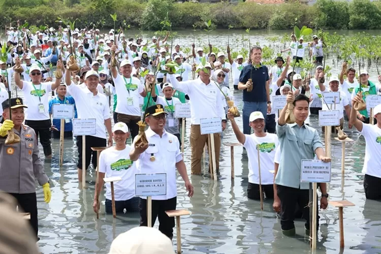 Gubernur Banten Andra Soni mendampingi Wakil Presiden (Wapres) Republik Indonesia Gibran Rakabuming Raka dalam kegiatan penanaman mangrove di kawasan Ketapang Urban Aquaculture, Desa Ketapang, Kecamatan Mauk, Kabupaten Tangerang, Senin (27/10/2025).  (Foto: Siaran Pers Biro Adpim)