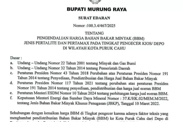 Surat edaran Bupati Mura terkait kendalian harga BBM