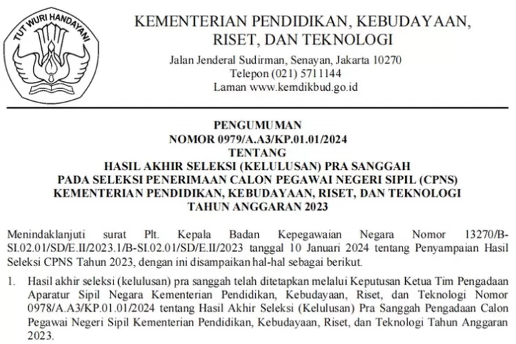 LINK Pdf Pengumuman Resmi CPNS KEMENDIKBUD RISTEK Tahun 2023, Selamat