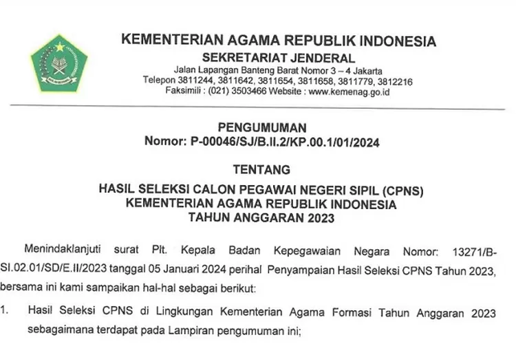 Link PDF Pengumuman Resmi Hasil Seleksi CPNS Kemenag Tahun 2023, 59 ...