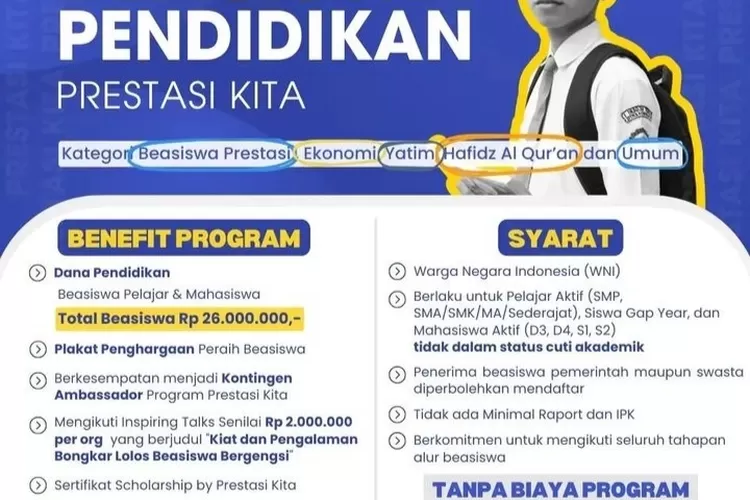 Buruan Daftar! Beasiswa Pendidikan Prestasi Kita Bagi SMP, SMA/SMA/MA ...