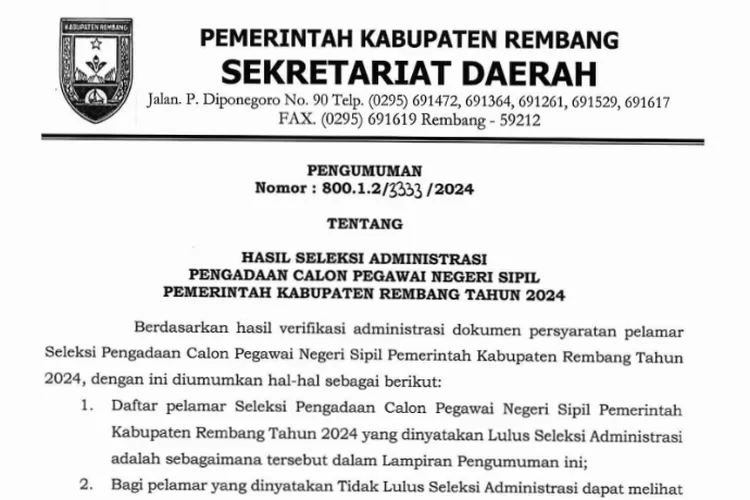 Intip Link Pengumuman Hasil Seleksi Administrasi CPNS Pemkab Rembang