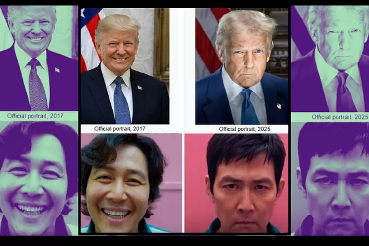 Potret terbaru Donald trump tahun 2017 - 2025 dengan serial Squid Game season pertama dan kedua  (dok X @RT_com)