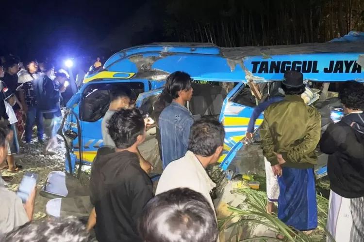 Satu unit kendaraan mikrobus Isuzu Elf dengan nomor polisi N-7646-T tertabrak KA Probowangi di Desa Ranupakis, Kabupaten Lumajang, Jawa Timur, Minggu (19/11/2023) malam.  (ANTARA/HO-warga)