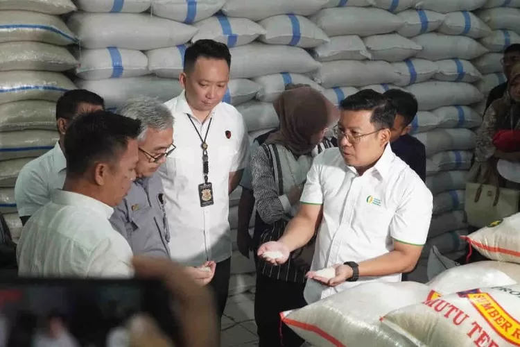 Kepala Badan Pangan Nasional (Bapanas) Arief Prasetyo Adi (kanan) meninjau pasokan beras.  (ANTARA/HO-Humas Bapanas)
