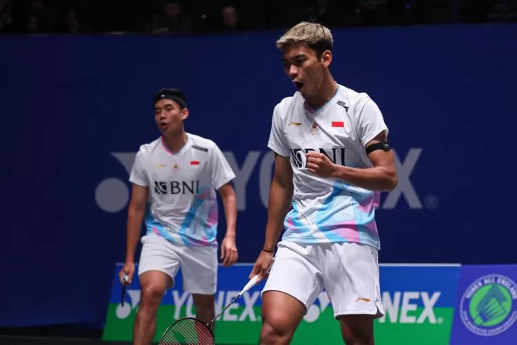 Ganda putra Indonesia Bagas Maulana/Muhammad Shohibul Fikri saat berlaga di babak 32 besar All England Open 2024 di Birmingham, Inggris.  (ANTARA/HO/PP PBSI)