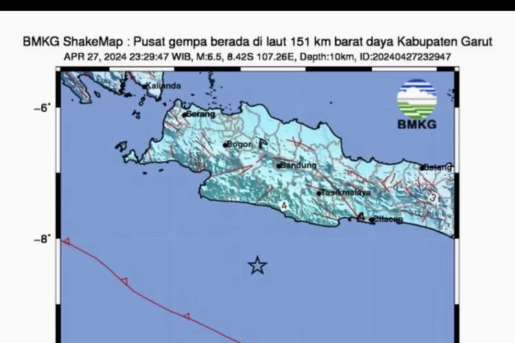 Peta pusat gempa dengan kekuatan magnitudo 6,5 di Kabupaten Garut, Jawa Barat, Minggu (28/4/2024).  (ANTARA/HO-BMKG)