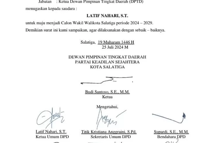 Surat Tugas PKS kepada Latif  ahari untuk maju sebagai calon Wakil Walikota Salatiga 2024. ( Dok. PKS Salatiga)