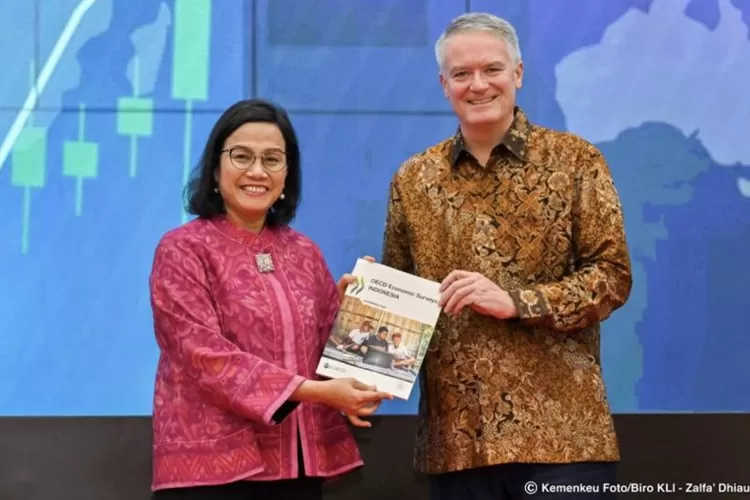 Menteri Keuangan Sri Mulyani Indrawati bersama Sekretaris Jenderal OECD Matthias Cormann dalam acara peluncuran Survei Ekonomi OECD Indonesia 2024 di Kantor Pusat Kementerian Keuangan, Jakarta, Selasa (26/11/2024).  (ANTARA/HO-Kementerian Keuangan)