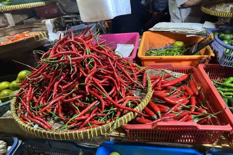 Ilustrasi. Cabai keriting merah dan komoditas pangan lainnya yang dijual pedagang di Pasar Jaya Kebayoran Lama, Jakarta, Jumat (6/12/2024).  (ANTARA/Harianto)