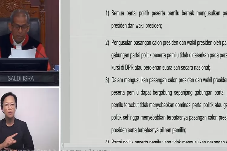 Tangkapan layar - Wakil Ketua Mahkamah Konstitusi Saldi Isra membacakan pertimbangan Mahkamah dalam Putusan Nomor 62/PUU-XXII/2024 terkait dengan ambang batas minimal persentase pengusulan pasangan calon presiden dan wakil presiden (presidential threshold) di Ruang Sidang Pleno MK, Jakarta, Kamis  (ANTARA/Fath Putra Mulya)