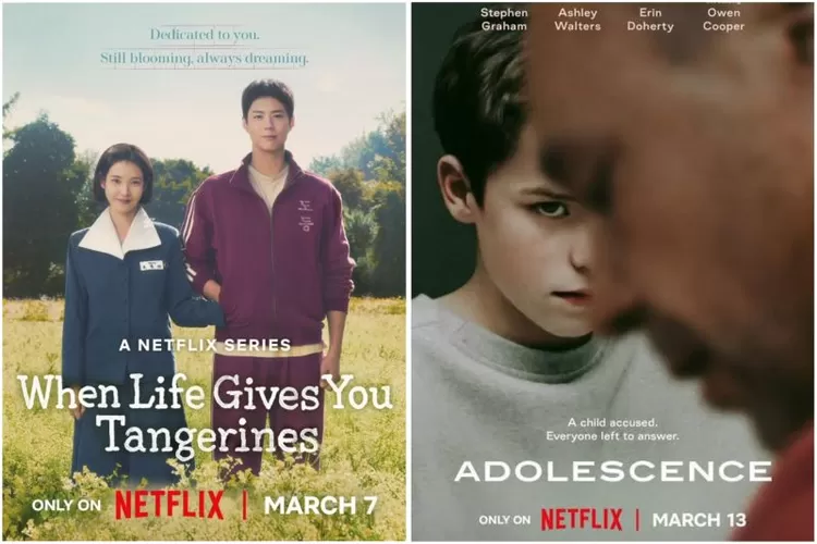 Kolase foto - poster serial Netflix "When Life Gives You Tangerines" (kiri) dan "Adolescence" (kanan).  (Dok. Netflix)