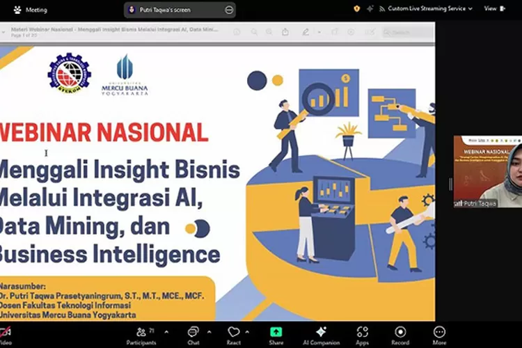 Tangkapan layar saat dosen UMBY, Dr. Putri menjadi narasumber Webinar Nasional.  (Dok. UMBY)