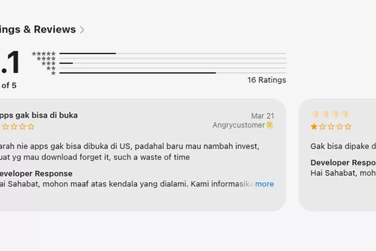 Tangkapan layar ulasan buruk pengguna aplikasi TRING! Pegadaian di App Store.  (apple.store)
