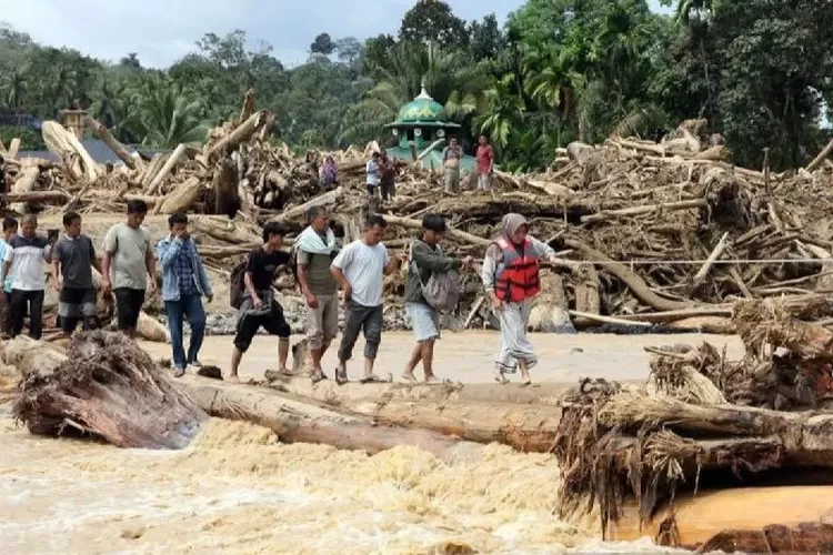 Warga berjalan melintasi sungai dengan jembatan darurat di Desa Aek Garoga, Kecamatan Batang Toru, Kabupaten Tapanuli Selatan, Sumatera Utara, Sabtu (29/11/2025).  (ANTARA FOTO/Yudi Manar)