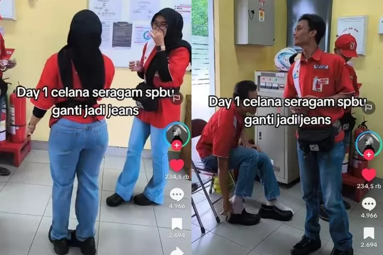 Video yang memperlihatkan pegawai SPBU Pertamina menggunakan celana jeans.  (tiktok.com/titatitadidindingggg)