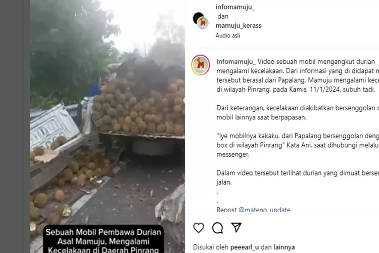 Mobil Pengangkut Durian dari Mamuju Kecelakaan di Pinrang. Foto: tangkap layar