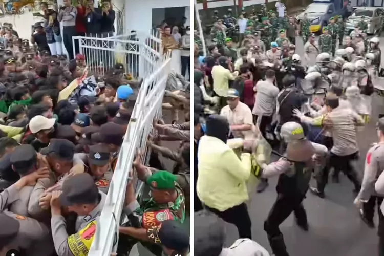 Massa BEM Kuningan bobol gerbang DPRD saat demo tolak UU TNI. Aksi ricuh dengan polisi, TNI siaga. Video viral dengan ribuan like. (Instagram @solidaritasantipenyiksaan)