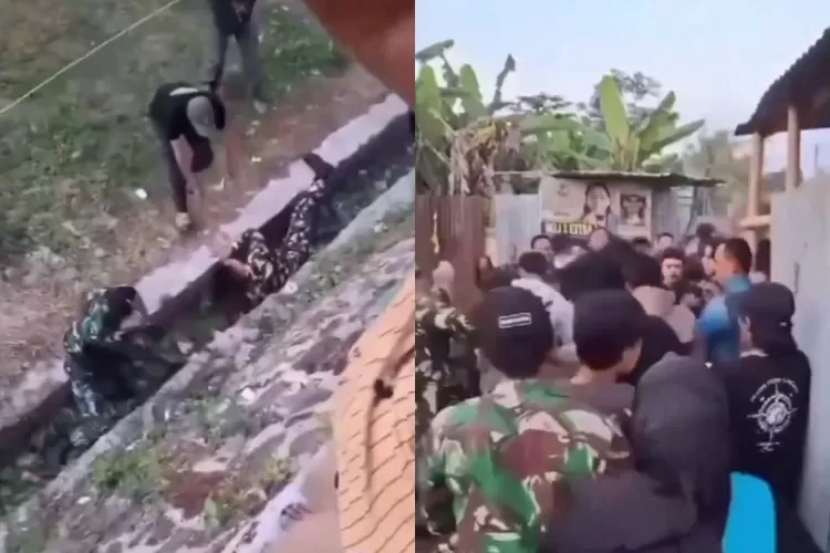 Kericuhan warnai laga tarkam di Tegal. Video viral perlihatkan anggota TNI terjatuh saat coba amankan massa. ((X/bacottetanggaid))