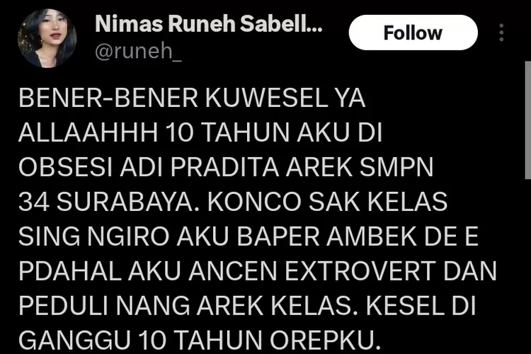Unggahan Nimas Runeh Sabella Sutopo yang Diteror Teman SMP-nya. ((Tangkapan layar X / @runeh_))