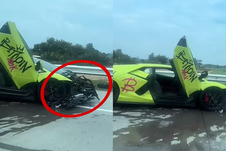 Potret mobil Lamborghini Revuelto Gabriel Rey ringsek akibat kecelakaan di Tol Jombang-Mojokerto  (TikTok.com/sopbuahirine3)