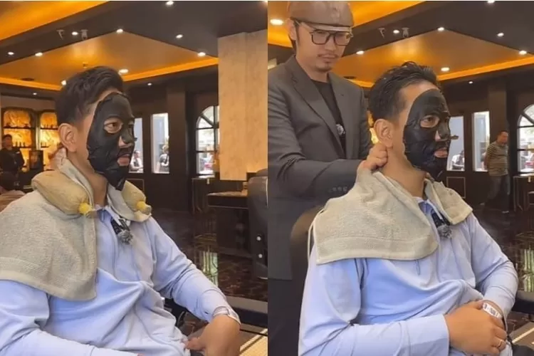 Gibran saat maskeran setelah potong rambut di sebuah barbershop di Jaksel, sebelum menghadiri acara debat capres ketiga nanti malam.
