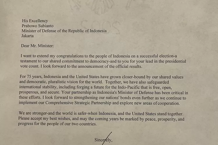 Surat ucapan selamat yang disampaikan Presiden Amerika Serikat (AS), Joe Biden kepada capres nomor urut 2, Prabowo Subianto atas keunggulannya dalam Pilpres 2024. 