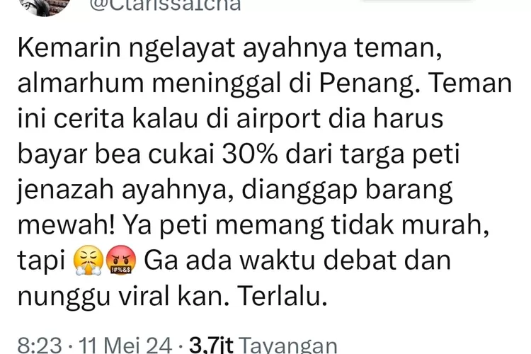 Tangkap layar keluhan akun twitter @ClarissaIcha tentang dugaan oknum bea cukai memungut pajak peti jenazah 30%