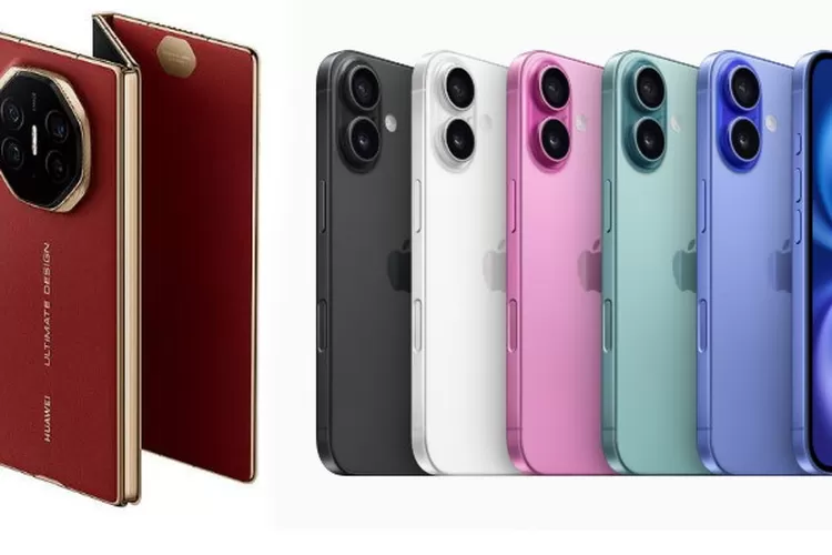 Dua raksasa teknologi, Apple dan Huawei, bertarung dengan iPhone 16 dan Mate XT di China (Kolase Huawei Mate XT dan iPhone 16/ HukamaNews.com)
