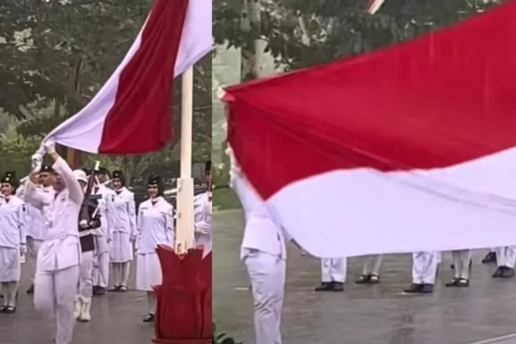 Paskibraka Padang Pariaman tetap khidmat menurunkan bendera saat hujan deras. (HukamaNews.com / Tangkapan layar TikTok/m_fadhly)
