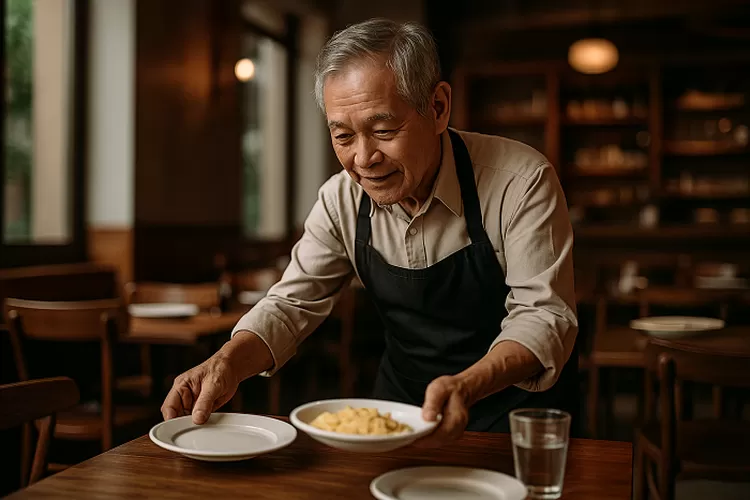 Ilustrasi lansia aktif bekerja sebagai server restoran. (HukamaNews.com )