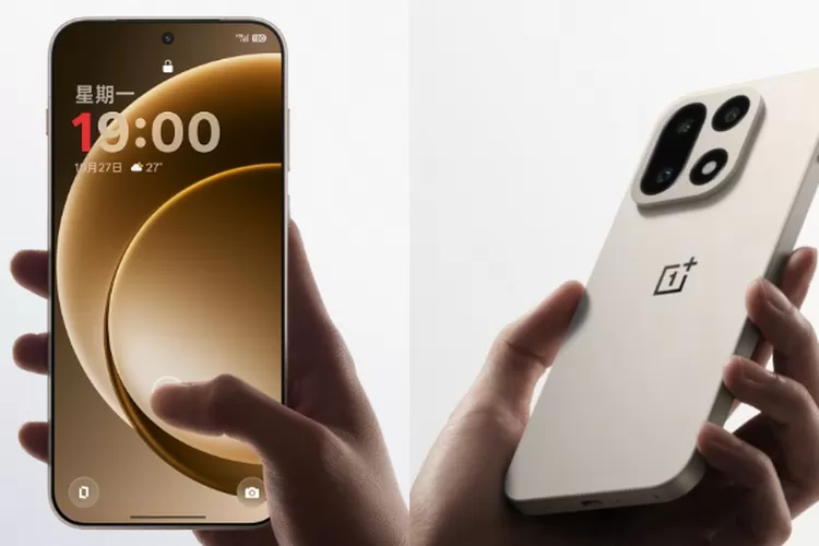 Tampilan OnePlus 15 warna Sand Storm dengan desain kamera kotak. (HukamaNews.com / Net)