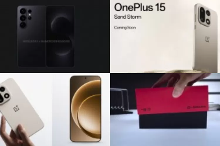 Render Galaxy S26 Ultra dan OnePlus 15 dengan warna Sand Storm terbaru. (HukamaNews.com / Net)