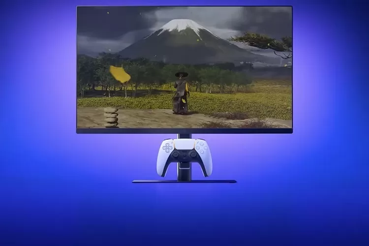 Monitor PlayStation 27 inci dengan charger DualSense bawaan. (HukamaNews.com / Sony)