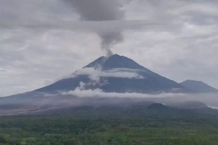 Gunung Semeru mengeluarkan asap tipis saat status turun ke Level Siaga. (HukamaNews.com / PVMBG)