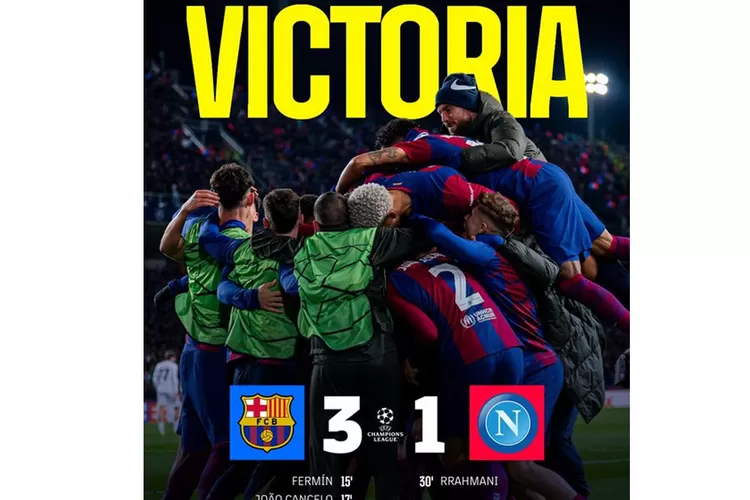 Skor akhir antara Barcelona vs Napoli di Stadion Lluis Companys di laga leg 2 Liga Champion vs Napoli pada 12/3/2024 dengan skor akhir 3-1 bikin aggregate jad 4-2. Barca lolos ke perempat final  (Bonernews.com/X/FC Barcelona/@FCBarcelona)