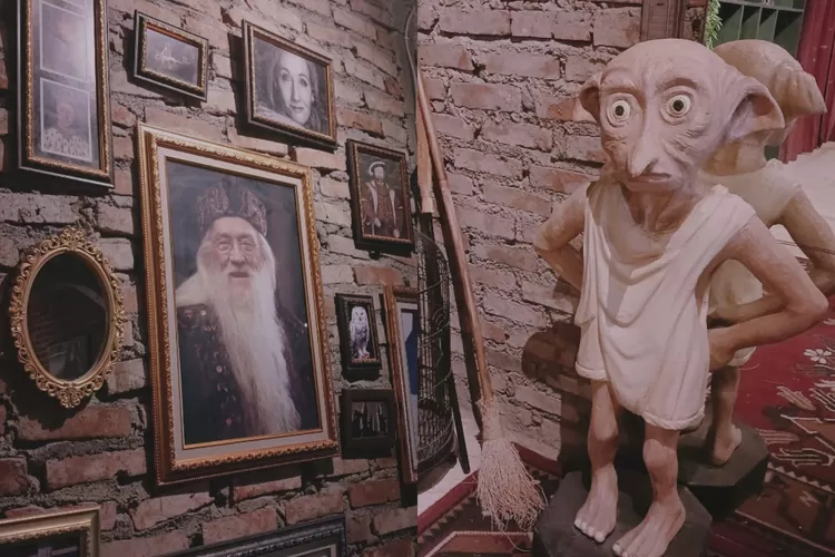 Ekara Coffee and Eatery menghadirkan suasana ala dunia sihir lewat detail interior yang unik, mulai dari deretan foto karakter yang dipajang hingga patung Dobby si peri rumah. Spot ini jadi daya tarik utama bagi para penggemar Harry Potter dan pemburu foto estetik. (Foto - Dheandra Maisha Ramadhany.)