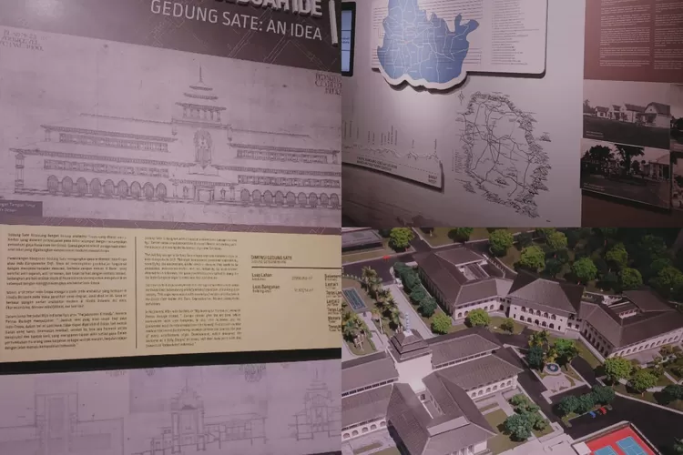 Suasana dalam Museum Gedung Sate yang menampilkan informasi seputar sejarah perancangan dan lokasi pembangunan Gedung Sate. Terlihat denah arsitektural, peta lokasi strategis di Bandung, hingga maket visual tiga dimensi bangunan ikonik ini yang memperkuat nilai sejarah dan arsitekturnya. (Foto - Dheandra Maisha Ramadhany.)