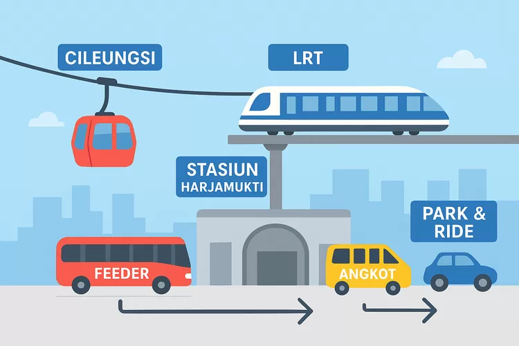 Ilustrasi integrasi kereta gantung Cileungsi&ndash;Harjamukti dengan sistem transportasi LRT dan feeder bus di Stasiun Harjamukti.