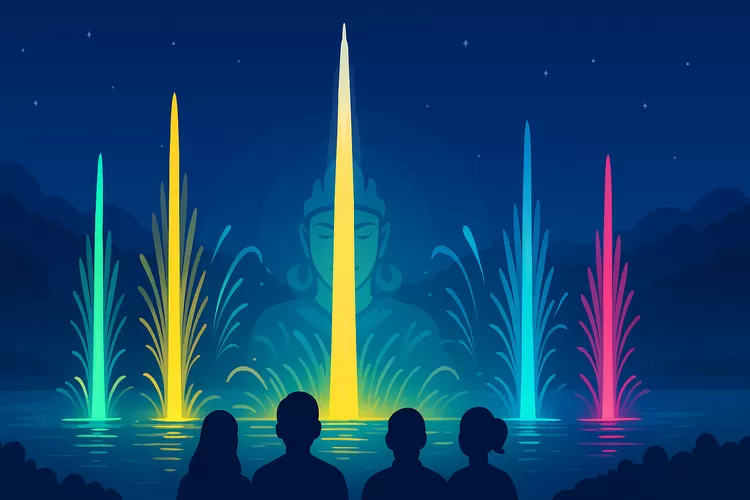 Cahaya dan air menari di Taman Sri Baduga Purwakarta, menciptakan keindahan malam yang tak terlupakan. Foto/Bogorinsider.com ( Foto/Bogorinsider.com)