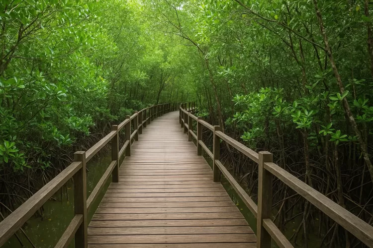 Hamparan hijau mangrove Sedari yang menenangkan dengan jembatan kayu sebagai jalur eksplorasi utama. Foto/Bogorinsider.com ( Foto/Bogorinsider.com)