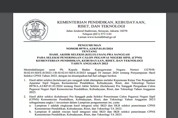 PDF Hasil Seleksi Pra Sanggah CPNS Dosen Kemendikbud 2024 Download